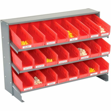 GLOBAL INDUSTRIAL 3 Shelf Bench Pick Rack, 24 Red Plastic Shelf Bins 4 Inch Wide 33x12x21 603424RD